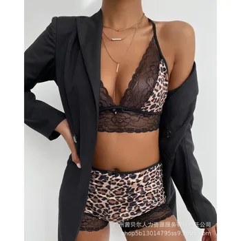 2023 Žien Sexy Leopard Tlač Čipky Šitie Dvoch-Dielny Oblek Ženy Špagety Popruh tvaru Bielizeň Podprsenka Polovice Pás Nohavičky Nastaviť
