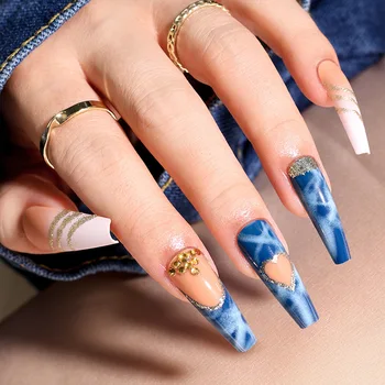 3D strobo falošné nechty príslušenstvo nahé modré dlhé francúzskeho truhlou tipy s diamond glitters srdce dizajn faux ongles stlačte na nechty