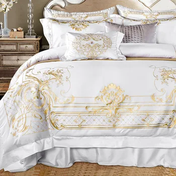 Biela posteľná bielizeň z Egyptskej Bavlny NÁS Kráľ, Kráľovná veľkosť Elegantné Zlaté Výšivky posteľná bielizeň sady Super Mäkká Posteľ list nastaviť Perinu