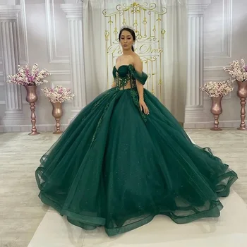 Elegantný Zelený Kryštál Quinceanera Šaty Off Ramenný Narodeninovej Party Formálne Šaty Vestidos De 15 Años Guľové Šaty