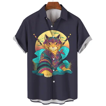 Hot Predaj pánske Tričko Japonsko Samuraj Cat Vytlačené Mužov Nadrozmerné Oblečenie-Tričko Ulici Bežné Krátke Rukávy Topy Tees Havajské-Shirt