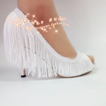 Jar leto white pearl čipky lemovaný sandále stiletto svadobné svadobné topánky ryby úst saténové spoločenské šaty plus veľkosť obuvi ženy