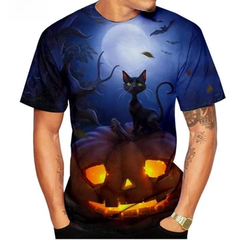 Letné Mužov a Žien 3D Halloween Mačka Vytlačené T-shirt, Zábavné, okolo Krku Príležitostné, Krátke Rukávy, Polyesterových Vlákien.