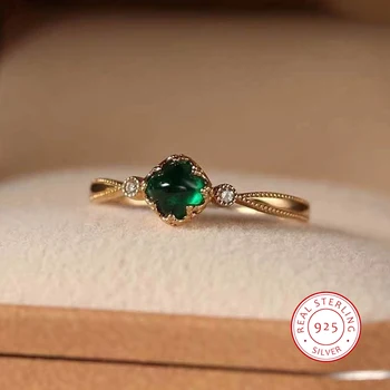 Nový Súbor Vintage Emerald Otvorenie Krúžku Pre Ženy 925 Striebra Plátovaného Zlatom Cukru Veža Krúžok Strany Svadobné Šperky Darček