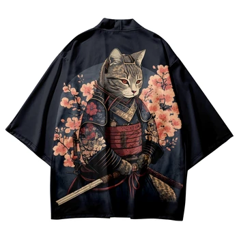 Plus Veľkosť Japonská Sakura Mačka Samuraj Tlač Kimono Streetwear Muži Ženy Cardigan Harajuku Tradičné Oblečenie Letné Beach Haori