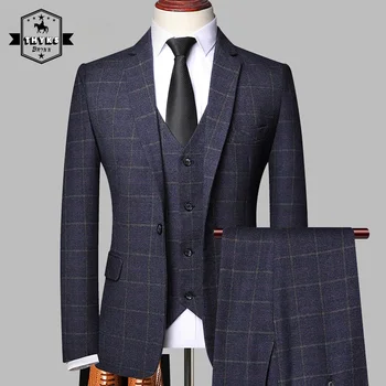 Pánske M-9XL Kvalitný Prehoz Obleku 3piece Business Luxusné Kancelárske Nevesty Svadobné Muž Nadrozmerná Slim Klasické Modré 3ks