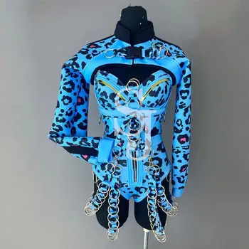 Pól Tanečných Kostýmov, Ženy, Modrá Leopard Reťazca Bodsyuit Sexy Gogo Dance Oblečenie Rave Oblečenie Dj Ds Fáze Výkonu Nosenie