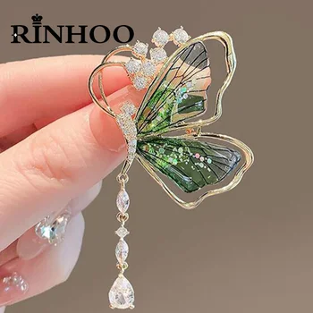 Rinhoo Luxusné Zirkón Lietajúci Motýľ Brošňa Pre Ženy, Zelená, Fialová Živice Krídlo Waterdrop Strapec Hmyzu Zvierat Preklopke Kolíky Šperky